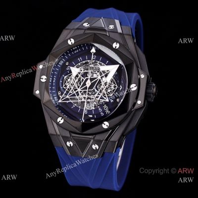 Japan Grade Hublot Sang Bleu II Chrono Watch Black Steel Blue Rubber Strap-Best Hublot Watches Replica
